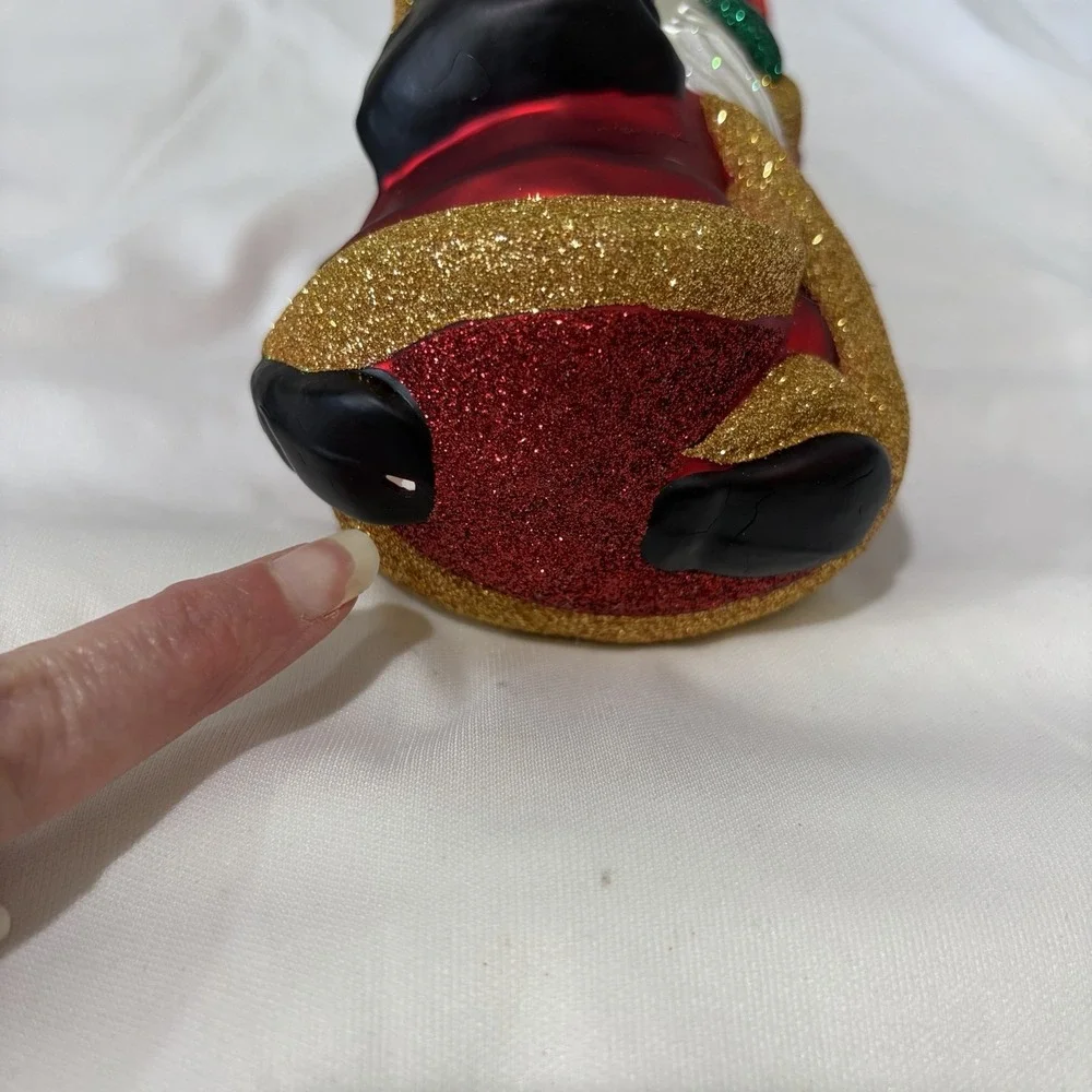 1999 Patricia Breen Through Rain and‎ Snow Santa Ornament Red Coat Bag Glass Vtg